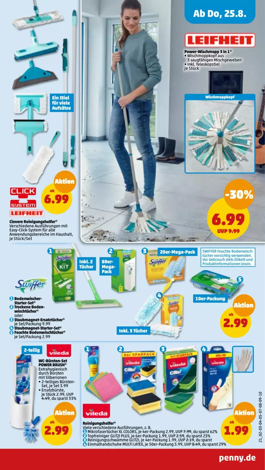 Aktueller Prospekt Penny - Prospekte - von 22.08 bis 27.08.2022 - strona 21 - produkty: bodenwischer, bürste, bürsten, handschuhe, leifheit, mikrofaser, Mikrofasertücher, Rauch, Reinigung, rel, rwe, schuhe, staubmagnet, swiffer, Teleskop, teleskopstiel, Ti, tücher, WC-Bürste, Wischmopp