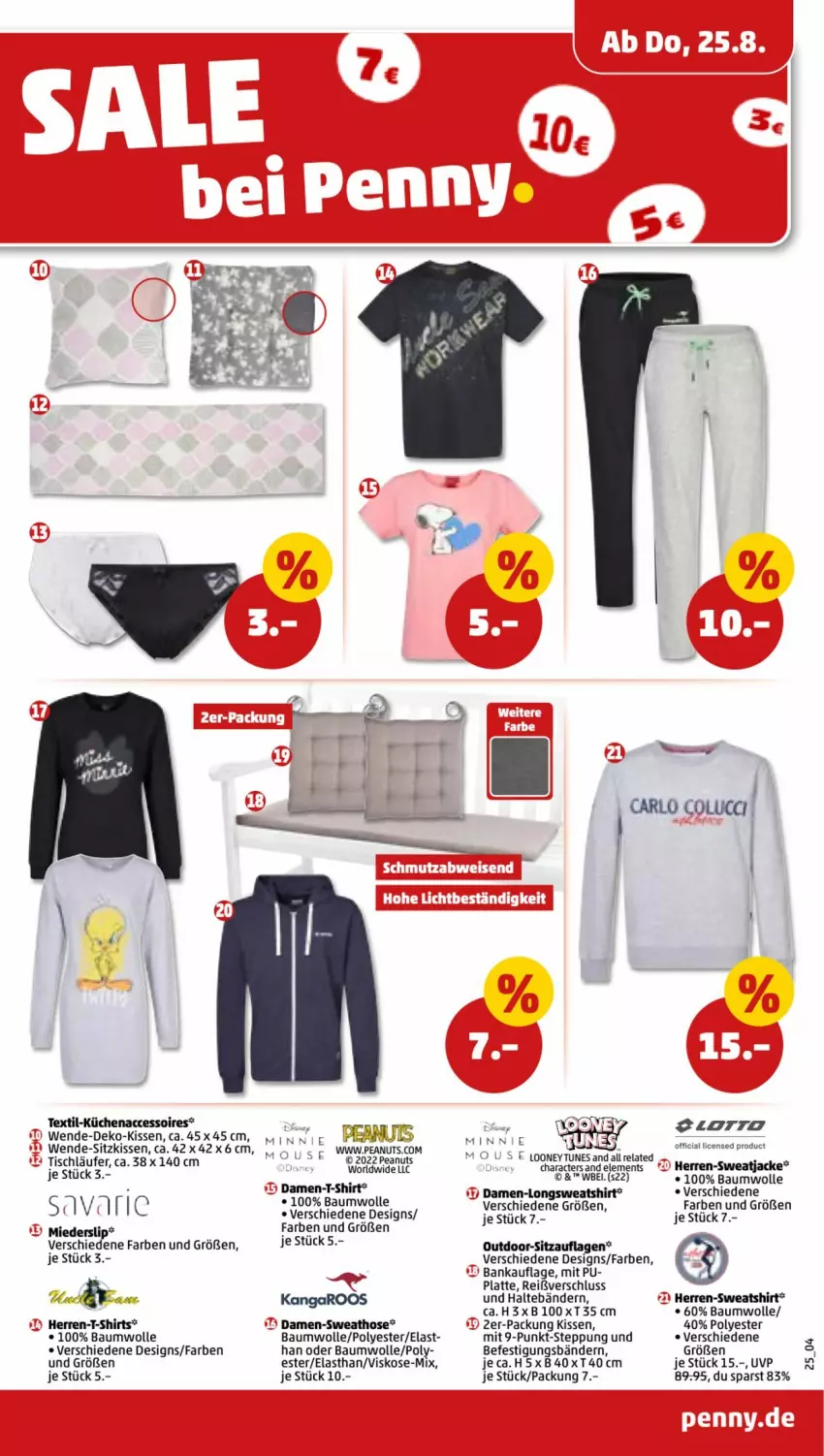 Aktueller Prospekt Penny - Prospekte - von 22.08 bis 27.08.2022 - strona 25 - produkty: ACC, accessoires, Bank, Bau, baumwolle, gsw, herren-t-shirt, hose, Jacke, kissen, küche, Küchen, latte, Läufer, rel, shirt, shirts, Sitzauflage, sitzkissen, Sweathose, sweatjacke, Sweatshirt, T-Shirt, Ti, tisch, tischläufer, wolle