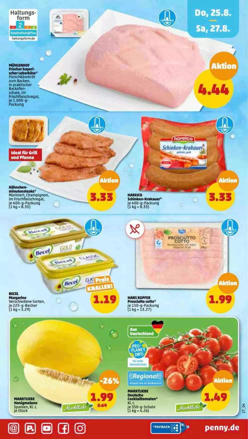 Aktueller Prospekt Penny - Prospekte - von 22.08 bis 27.08.2022 - strona 27 - produkty: auer, becel, Becher, champignon, cocktail, eis, fleisch, fleischkäse, grill, honig, honigmelone, ideal für grill, Käse, krakauer, melone, Ofen, payback, prosciutto, prosciutto cotto, regal, Schal, Schale, schinken, Ti, tisch, tomate, tomaten