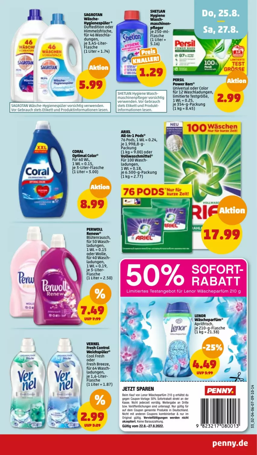 Aktueller Prospekt Penny - Prospekte - von 22.08 bis 27.08.2022 - strona 33 - produkty: angebot, ariel, Blüte, bree, Coral, coupon, coupons, erde, flasche, gin, hygienespüler, lenor, LG, Maschinenpfleger, persil, perwoll, Pods, pril, Rauch, rwe, sagrotan, sofortrabatt, Ti, vernel, vollwaschmittel, wäscheparfüm, waschmittel, weichspüler, wolle