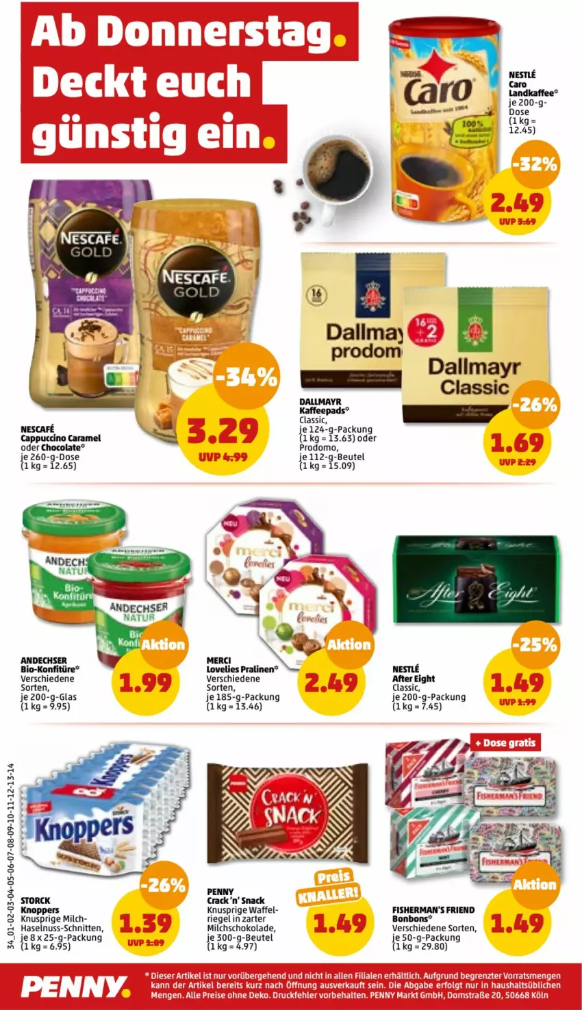 Aktueller Prospekt Penny - Prospekte - von 22.08 bis 27.08.2022 - strona 34 - produkty: after eight, auto, beutel, bio, bonbons, Cap, cappuccino, caramel, cin, cola, dallmayr, eis, haselnuss, knoppers, konfitüre, merci, milch, nescafe, nuss, pralinen, prodomo, reis, riegel, schnitten, schoko, schokolade, snack, storck, Ti