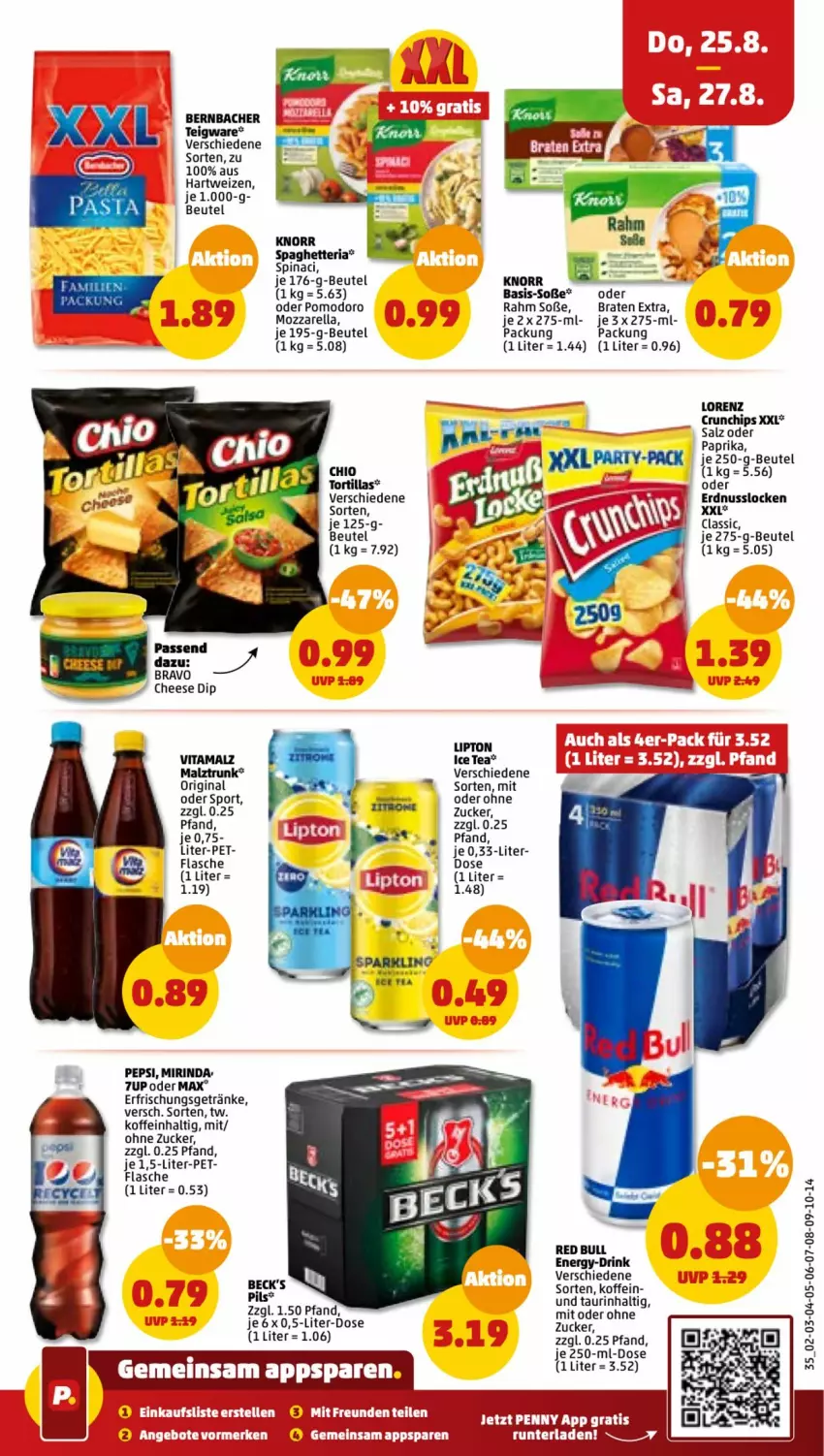 Aktueller Prospekt Penny - Prospekte - von 22.08 bis 27.08.2022 - strona 35 - produkty: 7UP, angebot, angebote, bernbacher, beutel, braten, Bravo, chips, crunchips, dip, drink, ente, erfrischungsgetränk, erfrischungsgetränke, flasche, getränk, getränke, gin, hartweizen, ice tea, knorr, lipton, lorenz, lorenz crunchips, malz, Mirinda, mozzarella, paprika, pepsi, red bull, rel, Ria, rind, salz, Soße, Sport, tee, Ti, vita, vitamalz, zucker