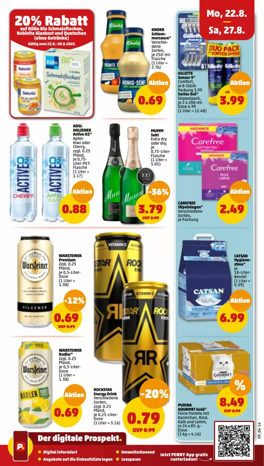 Aktueller Prospekt Penny - Prospekte - von 22.08 bis 27.08.2022 - strona 9 - produkty: apfel, beutel, carefree, catsan, drink, energy drink, flasche, gillette, gourmet gold, Holz, kiwi, knorr, lamm, mumm, pastete, purina, rind, Rockstar, sauce, sekt, steiner, Ti, warsteiner