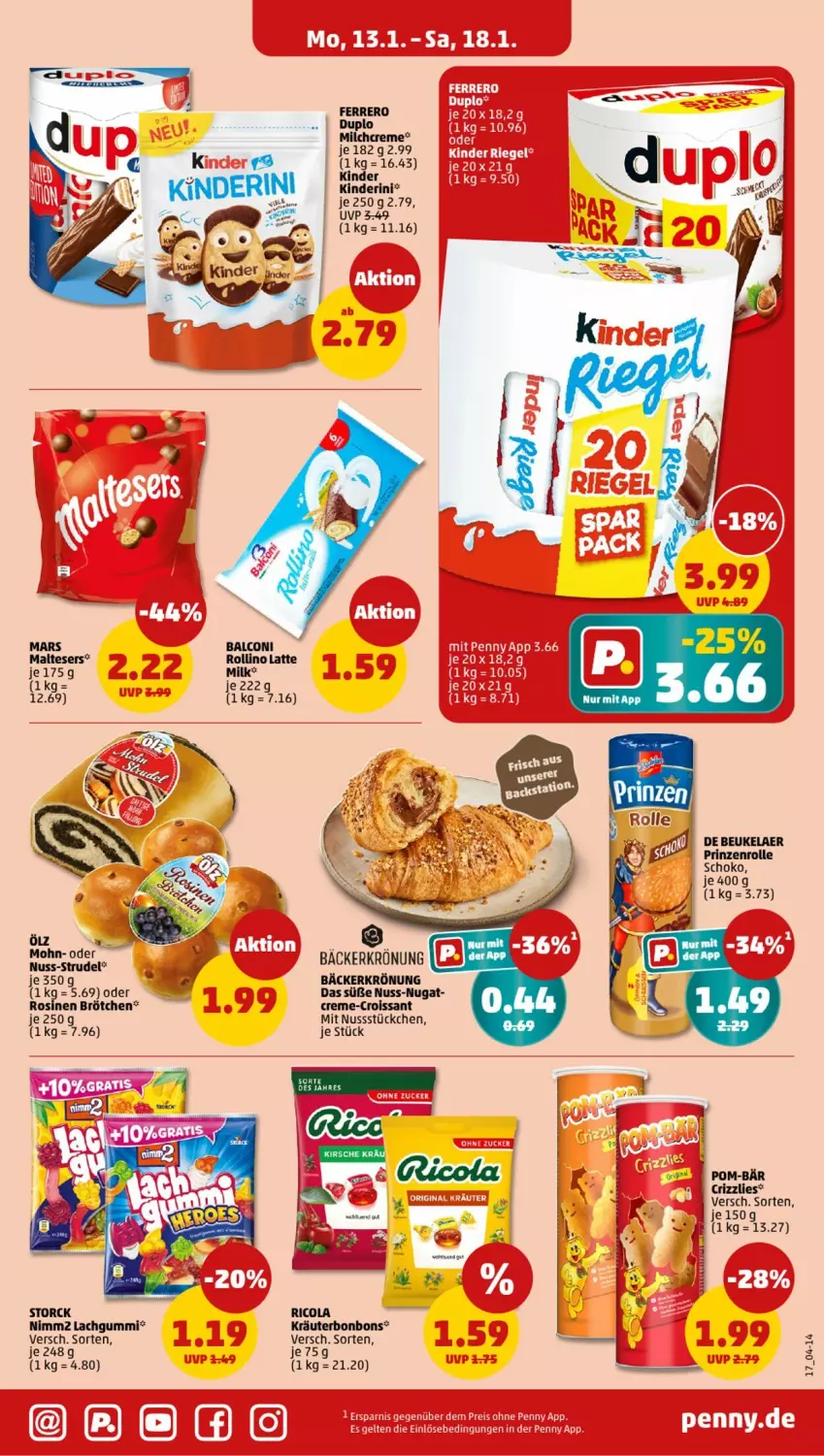 Aktueller Prospekt Penny - Prospekte - von 13.01 bis 18.01.2025 - strona 17 - produkty: Alcon, Bau, bonbons, brötchen, cola, creme, Croissant, de beukelaer, duplo, eier, ferrero, Kinder, kräuter, lachgummi, latte, malteser, mars, milch, nimm2, nuss, pom-bär, prinzenrolle, Ricola, schoko, storck