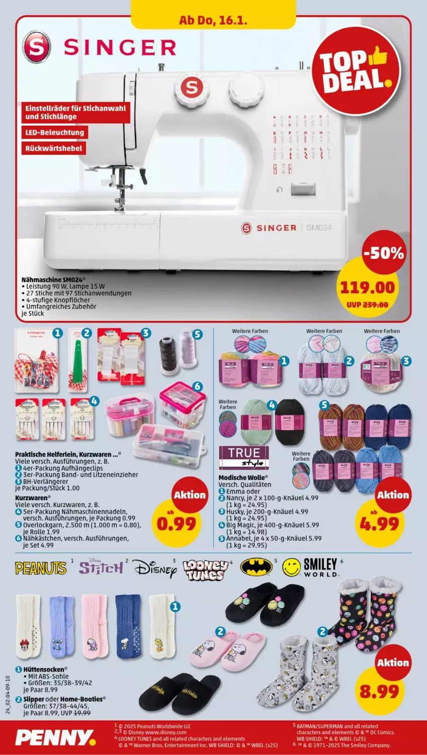 Aktueller Prospekt Penny - Prospekte - von 13.01 bis 18.01.2025 - strona 24 - produkty: Booties, Comics, disney, eis, ente, Lampe, Nähmaschine, rel, slip, Slipper, socken, Ti, tisch, wolle