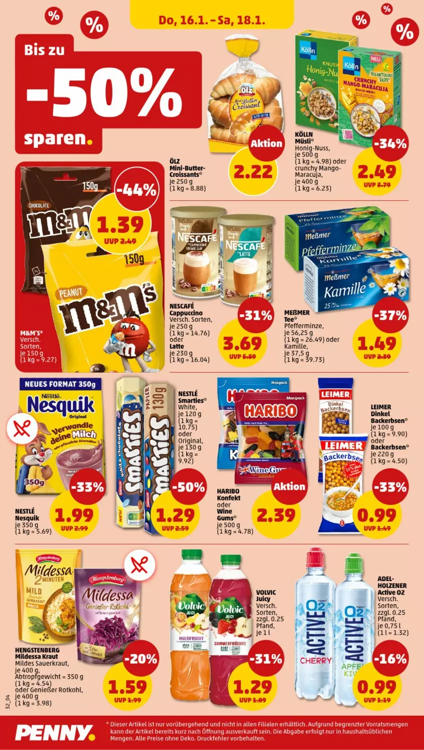 Aktueller Prospekt Penny - Prospekte - von 13.01 bis 18.01.2025 - strona 32 - produkty: auer, butter, Cap, cappuccino, cin, Croissant, croissants, eimer, erbsen, frucht, gin, haribo, hengstenberg, Holz, honig, Kamill, kamille, Kraut, latte, leimer, mango, maracuja, minze, müsli, nesquik, nuss, pfeffer, pfefferminze, rotkohl, Sauerkraut, tee, Ti, volvic