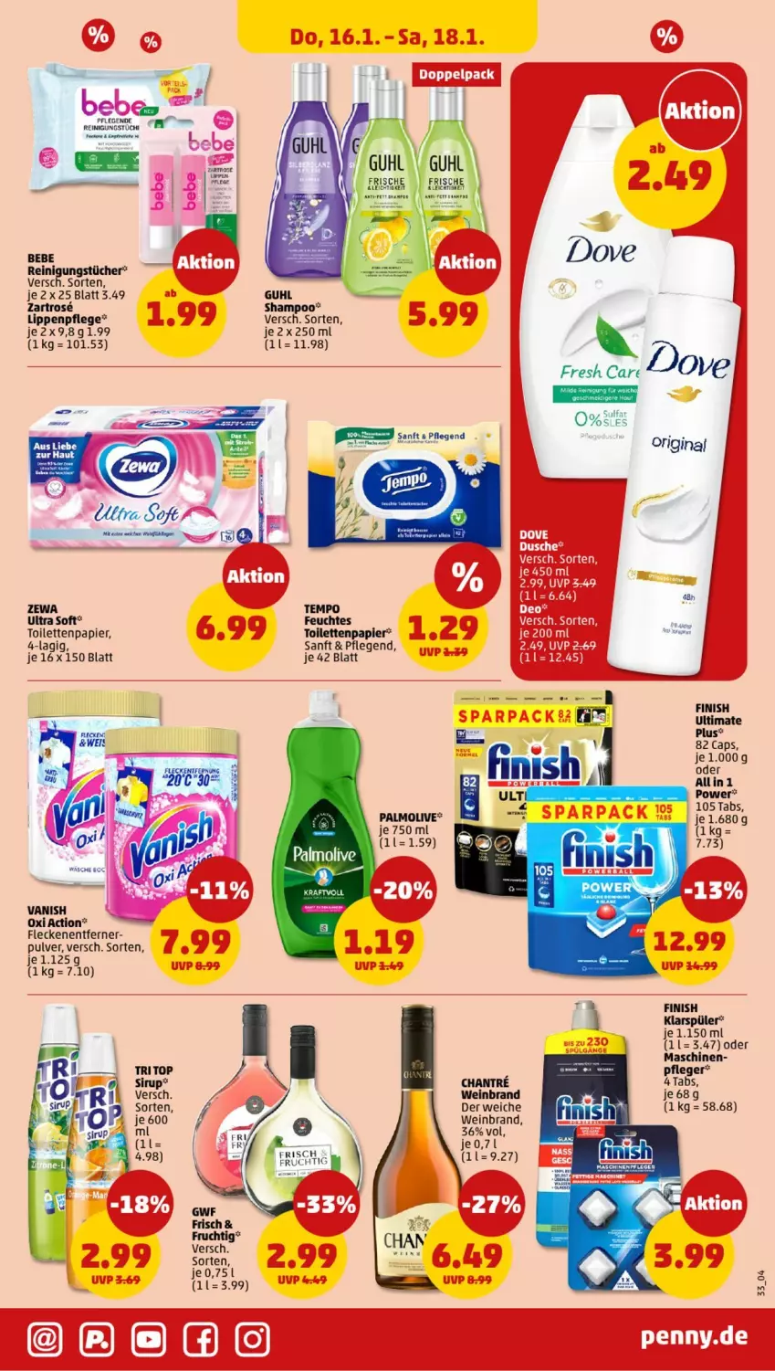 Aktueller Prospekt Penny - Prospekte - von 13.01 bis 18.01.2025 - strona 33 - produkty: Bebe, Cap, feuchtes toilettenpapier, Finish, Fleckenentferner, frucht, gin, Guhl, klarspüler, Lippenpflege, Maschinenpfleger, olive, oxi action, palmolive, papier, Reinigung, reinigungstücher, shampoo, Tempo, Ti, toilettenpapier, tücher, vanish, vanish oxi action, wein, weinbrand, zewa