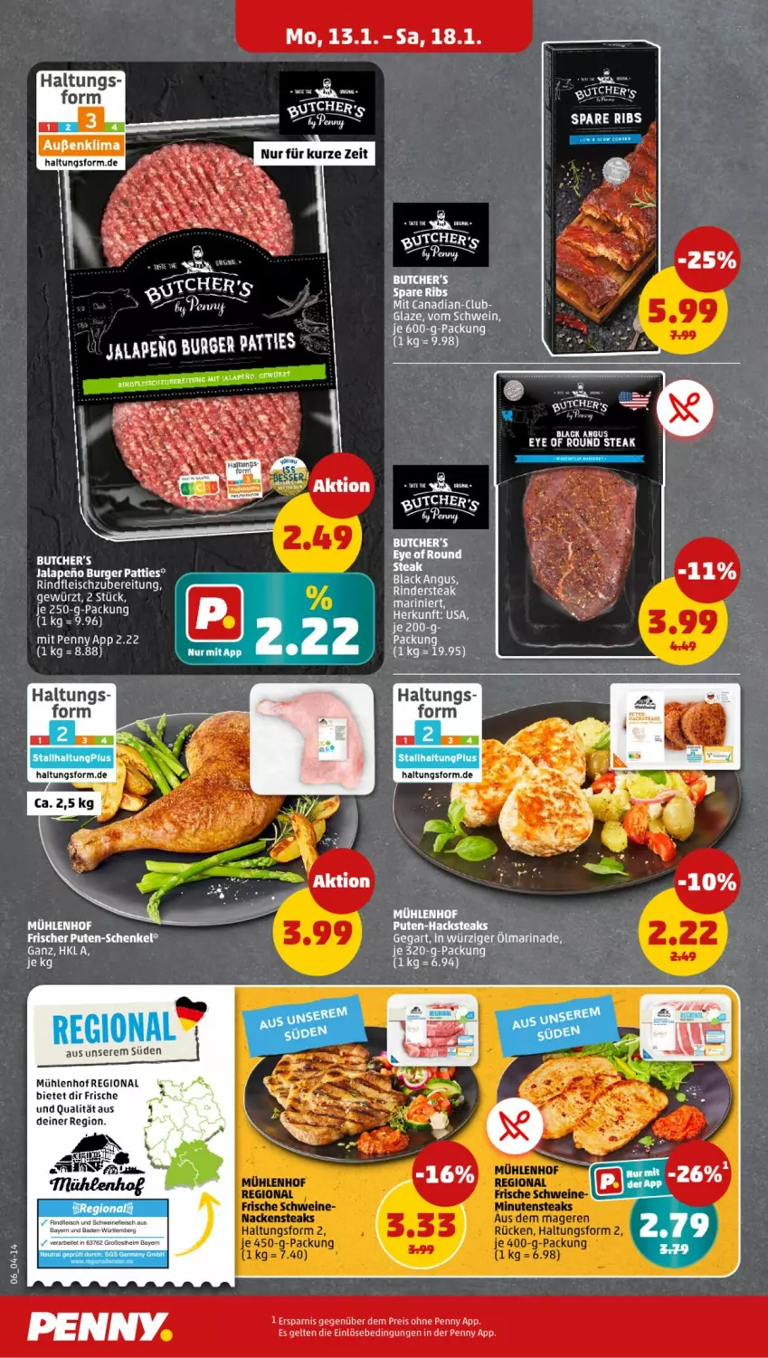 Aktueller Prospekt Penny - Prospekte - von 13.01 bis 18.01.2025 - strona 6 - produkty: burger, butcher's, eis, fleisch, henkel, jtc, lack, marinade, pute, reis, rind, rinder, Rindersteak, rindfleisch, schenkel, schwein, spare ribs, steak, steaks, Ti, wein, wok