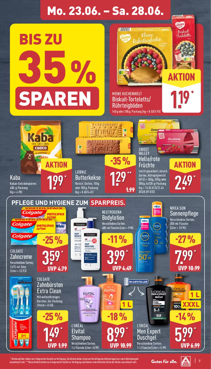 Aktueller Prospekt Aldi Nord - Von Montag - von 23.06 bis 28.06.2025 - strona 11 - produkty: body, bodylotion, bürste, bürsten, butter, butterkeks, colgate, creme, duschgel, eis, elle, elvital, flasche, früchte, getränk, getränke, getränkepulver, gin, kakao, keks, kekse, kuchen, leibniz, LG, Lotion, neutrogena, nivea, nivea sun, reis, shampoo, teller, Ti, torte, vita, zahnbürste, zahnbürsten, zahncreme, ZTE, zucker