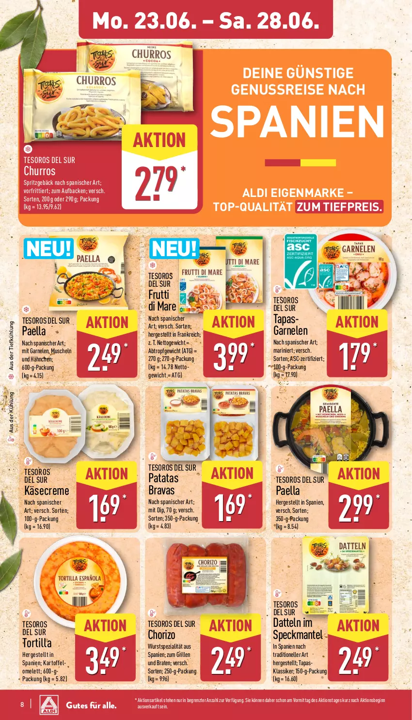 Aktueller Prospekt Aldi Nord - Von Montag - von 23.06 bis 28.06.2025 - strona 12 - produkty: aldi, aus der tiefkühlung, braten, chorizo, creme, Datteln, dip, eis, elle, frutti di mare, garnelen, gin, grill, kartoffel, Käse, Mantel, Muscheln, nuss, paella, reis, Speck, Spezi, Spritzgebäck, Tapas, Ti, tiefpreis, tortilla, wurst, ZTE