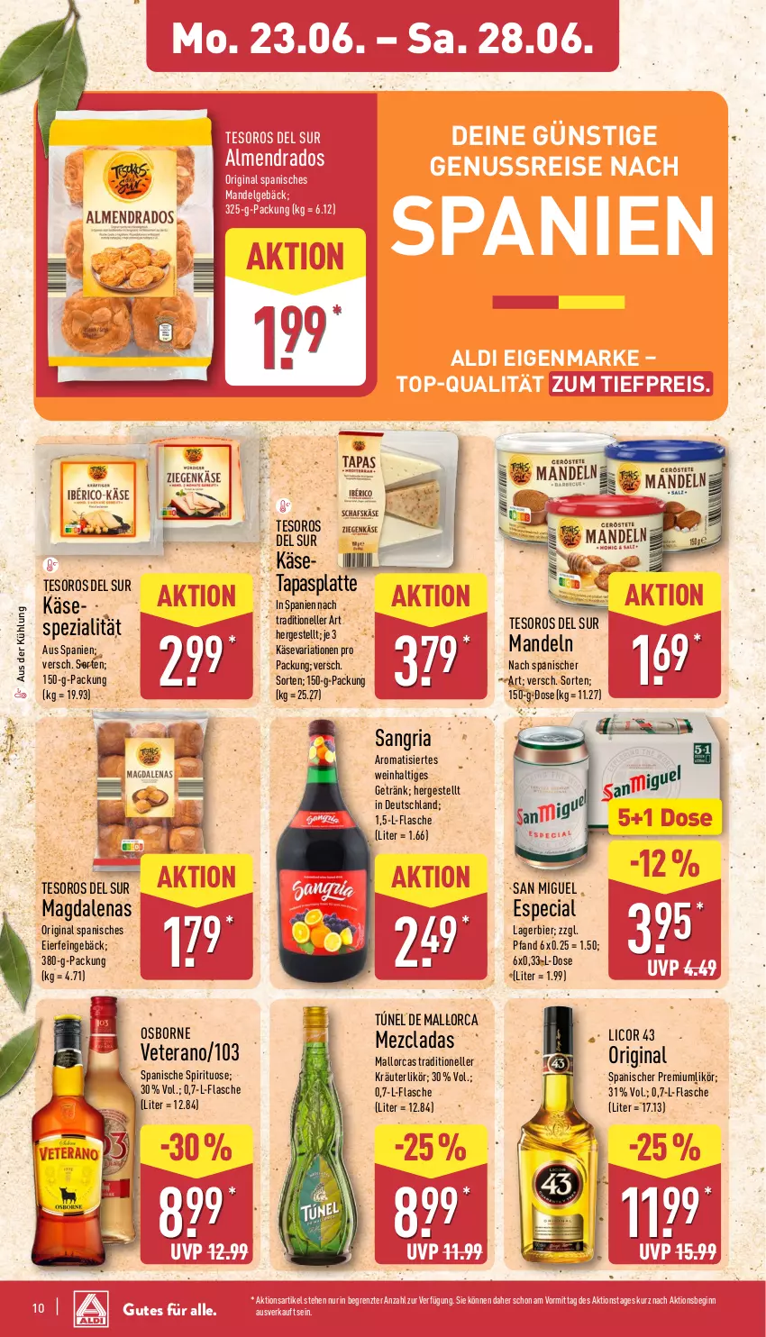 Aktueller Prospekt Aldi Nord - Von Montag - von 23.06 bis 28.06.2025 - strona 14 - produkty: aldi, bier, eier, eis, elle, flasche, getränk, gin, Käse, kräuter, kräuterlikör, Lagerbier, latte, LG, licor, licor 43, likör, mandel, mandeln, nuss, osborne, reis, Ria, sangria, Spezi, Tapas, Ti, tiefpreis, veterano, wein, ZTE
