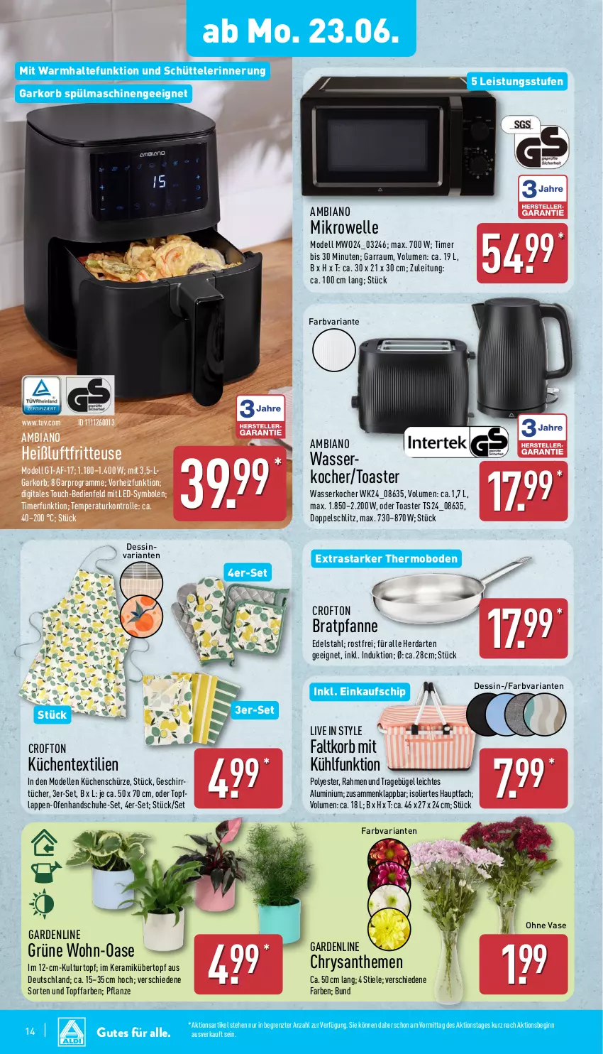 Aktueller Prospekt Aldi Nord - Von Montag - von 23.06 bis 28.06.2025 - strona 18 - produkty: ambia, bratpfanne, bügel, chrysanthemen, Crofton, dell, edelstahl, eis, elle, ente, Faltkorb, fritteuse, garraum, geschirr, gin, handschuhe, Heißluftfritteuse, herdarten, K2, Kocher, korb, küche, Küchen, Küchenschürze, kulturtopf, mikrowelle, Mode, Ofen, pfanne, pflanze, Ria, schuhe, Schürze, spülmaschinen, Ti, timer, toast, toaster, topf, tücher, übertopf, Vase, wasser, wasserkocher, ZTE