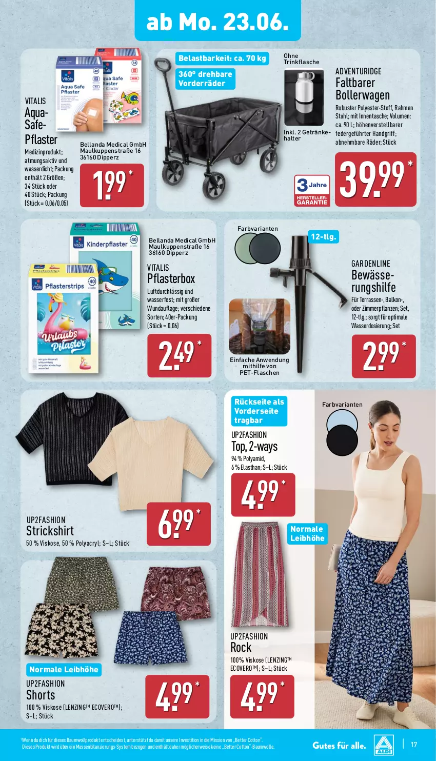 Aktueller Prospekt Aldi Nord - Von Montag - von 23.06 bis 28.06.2025 - strona 21 - produkty: aqua, Bau, baumwolle, bett, bollerwagen, dip, ecovero, eis, Faltbarer Bollerwagen, flasche, getränk, getränke, lenzing, LG, medizinprodukt, pet-flasche, pet-flaschen, pflanze, pflanzen, pflaster, Ria, rwe, shirt, shorts, Tasche, Ti, trinkflasche, up2fashion, vita, vitalis, wasser, wolle