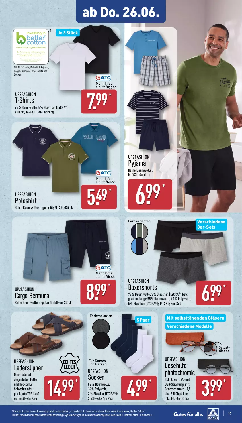 Aktueller Prospekt Aldi Nord - Von Montag - von 23.06 bis 28.06.2025 - strona 23 - produkty: aldi, Bau, baumwolle, bermuda, bett, decksohle, dell, eis, Elan, elle, garnitur, Gläser, Mode, poloshirt, Pyjama, reine baumwolle, Ria, rwe, schwein, shirt, shirts, shorts, slip, Slipper, socken, Ti, up2fashion, wein, wolle