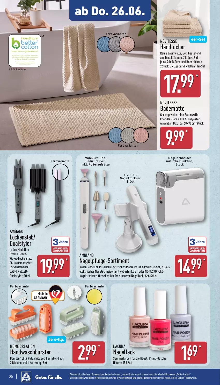 Aktueller Prospekt Aldi Nord - Von Montag - von 23.06 bis 28.06.2025 - strona 24 - produkty: ambia, auto, Bad, badematte, Bau, baumwolle, bett, bürste, bürsten, dell, eis, elle, flasche, Germ, handtücher, lack, LG, Lockenstab, Mode, Nagellack, reine baumwolle, Ria, rwe, Ti, tisch, Trockner, tücher, wolle