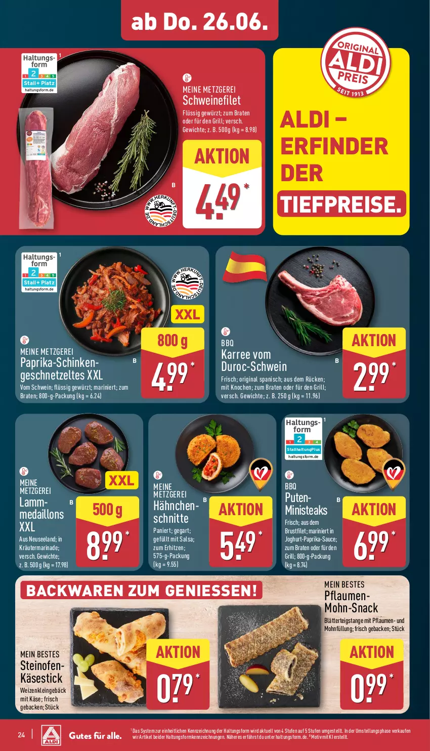 Aktueller Prospekt Aldi Nord - Von Montag - von 23.06 bis 28.06.2025 - strona 28 - produkty: aldi, backwaren, blätterteig, braten, brustfilet, eis, Elan, filet, geback, geschnetzeltes, gewürz, gin, grill, joghur, joghurt, Käse, kräuter, lamm, marinade, medaillons, Ofen, paprika, pflaume, pflaumen, pute, reis, Salsa, sauce, schinken, schwein, schweine, schweinefilet, snack, steak, steaks, steinofen, Ti, tiefpreis, wein, weine, Zelt