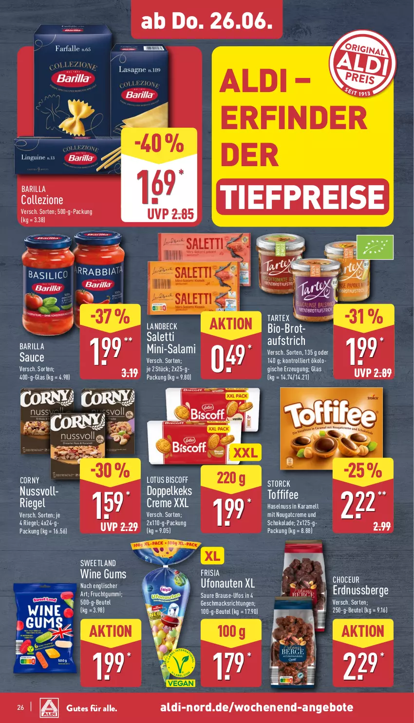 Aktueller Prospekt Aldi Nord - Von Montag - von 23.06 bis 28.06.2025 - strona 30 - produkty: aldi, angebot, angebote, aufstrich, barilla, beutel, bio, biscoff, brause, brot, corny, creme, eis, erdnuss, frucht, fruchtgummi, haselnuss, karamell, keks, mac, Nougatcreme, nuss, reis, riegel, salami, sauce, schoko, schokolade, storck, Sweetland, Ti, tiefpreis, toffifee, trolli