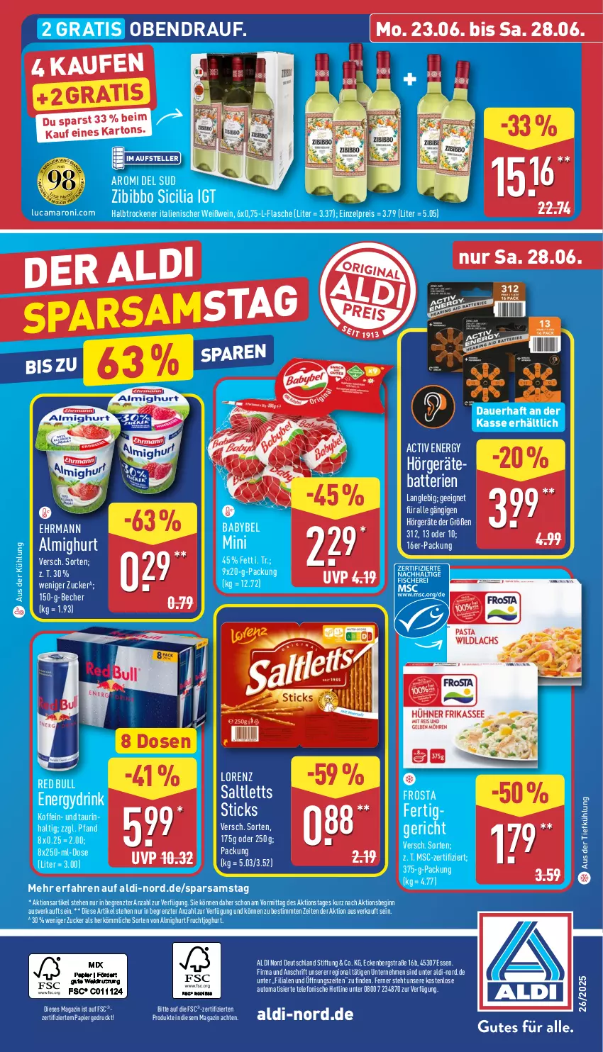 Aktueller Prospekt Aldi Nord - Von Montag - von 23.06 bis 28.06.2025 - strona 36 - produkty: aldi, almighur, almighurt, amaro, auer, aus der tiefkühlung, auto, babybel, batterie, batterien, Becher, drink, ehrmann, eis, elle, flasche, frosta, frucht, fruchtjoghurt, gin, joghur, joghurt, lorenz, magazin, papier, red bull, reis, saltletts, telefon, teller, Ti, wein, Weißwein, ZTE, zucker