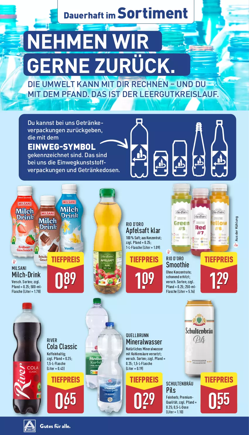Aktueller Prospekt Aldi Nord - Von Montag - von 23.06 bis 28.06.2025 - strona 38 - produkty: Alwa, apfel, apfelsaft, auer, cola, drink, eis, flasche, getränk, getränke, milch, mineralwasser, natürliches mineralwasser, pils, Quellbrunn, reis, saft, smoothie, Ti, tiefpreis, wasser