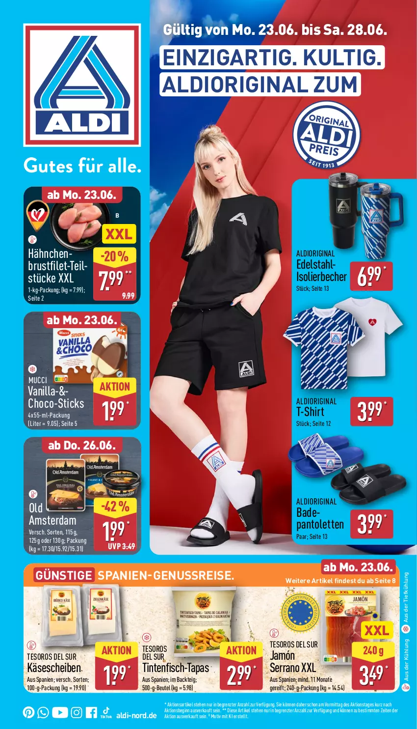 Aktueller Prospekt Aldi Nord - Von Montag - von 23.06 bis 28.06.2025 - strona 5 - produkty: aldi, aus der tiefkühlung, Bad, Becher, beutel, brustfilet, Dior, edelstahl, eis, filet, fisch, gin, isolierbecher, jamón serrano, Käse, käsescheiben, nuss, Old Amsterdam, pantolette, pantoletten, reis, serrano, shirt, Tapas, Ti, ZTE