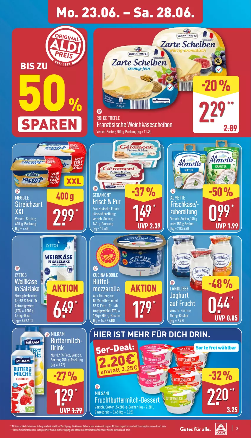 Aktueller Prospekt Aldi Nord - Von Montag - von 23.06 bis 28.06.2025 - strona 7 - produkty: almette, Becher, butter, buttermilch, cin, dessert, drink, eis, frischkäse, frucht, géramont, gin, joghur, joghurt, Käse, käsescheiben, landliebe, landliebe joghurt, meggle, Mett, milch, milram, mozzarella, reis, rel, salz, Streichzart, Ti, weichkäse, ZTE