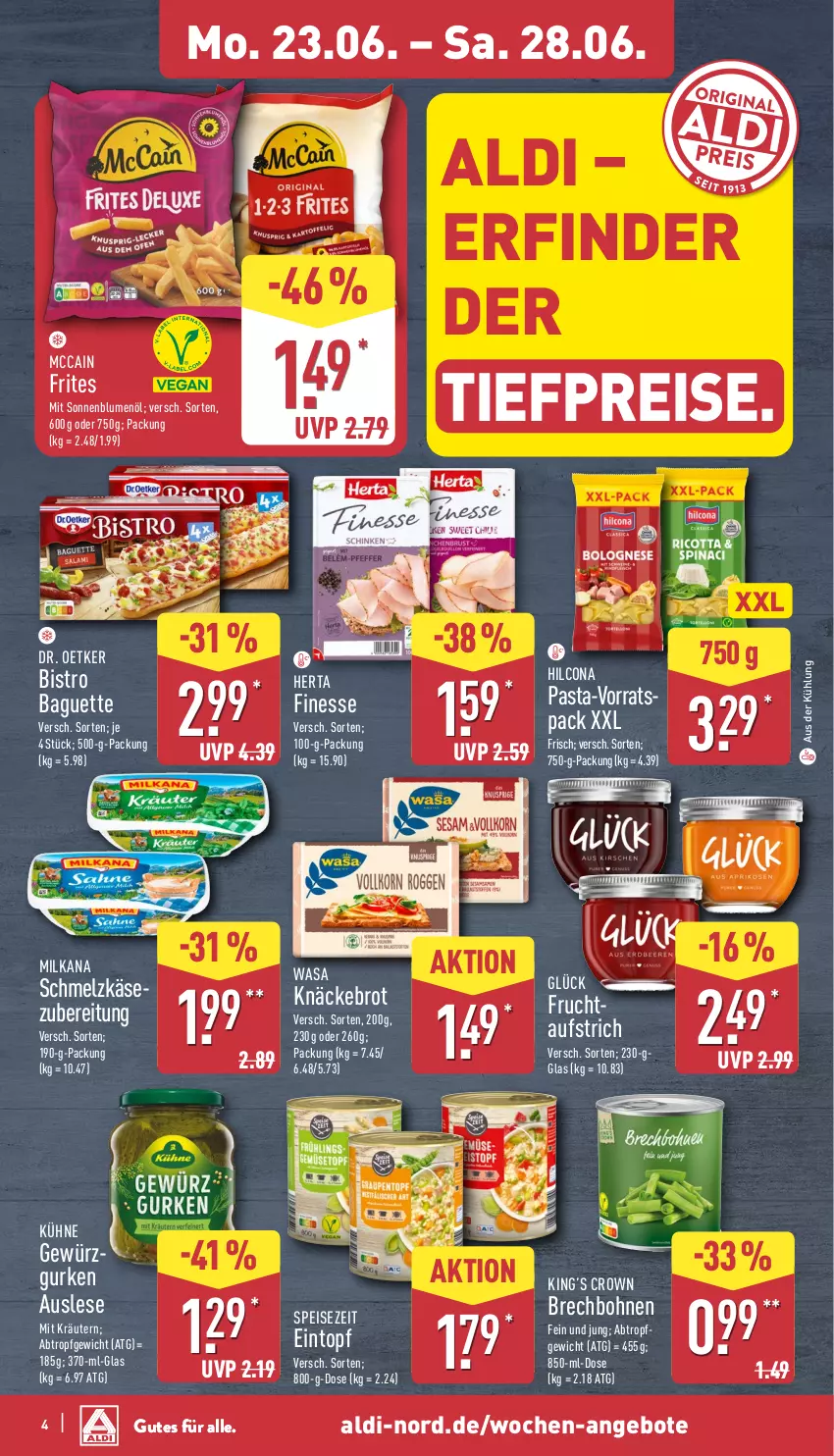 Aktueller Prospekt Aldi Nord - Von Montag - von 23.06 bis 28.06.2025 - strona 8 - produkty: aldi, angebot, angebote, aufstrich, baguette, Bistro Baguette, blume, blumen, blumenöl, bohne, bohnen, brot, Dr. Oetker, eintopf, eis, finesse, frucht, gewürz, gurke, gurken, herta, herta finesse, hilcona, Käse, knäckebrot, kräuter, kräutern, Kühne, mccain, milka, milkana, pasta, reis, Schmelzkäse, sonnenblume, sonnenblumen, sonnenblumenöl, Ti, tiefpreis, topf, wasa