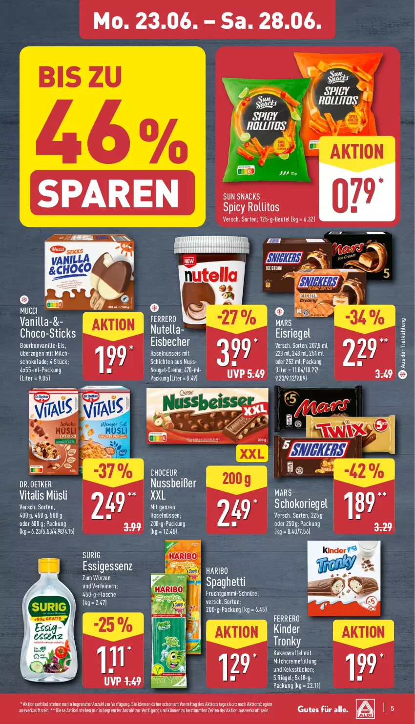 Aktueller Prospekt Aldi Nord - Von Montag - von 23.06 bis 28.06.2025 - strona 9 - produkty: aus der tiefkühlung, Becher, beutel, bourbon, bourbonvanille, creme, Dr. Oetker, eis, eisbecher, Eisriegel, essig, ferrero, flasche, frucht, fruchtgummi, gin, haribo, haselnuss, kakao, keks, Kinder, mars, milch, müsli, nuss, nutella, riegel, schoko, schokolade, schokoriegel, snack, snacks, spaghetti, Sun Snacks, Ti, vanille, vita, vitalis, vitalis müsli, ZTE