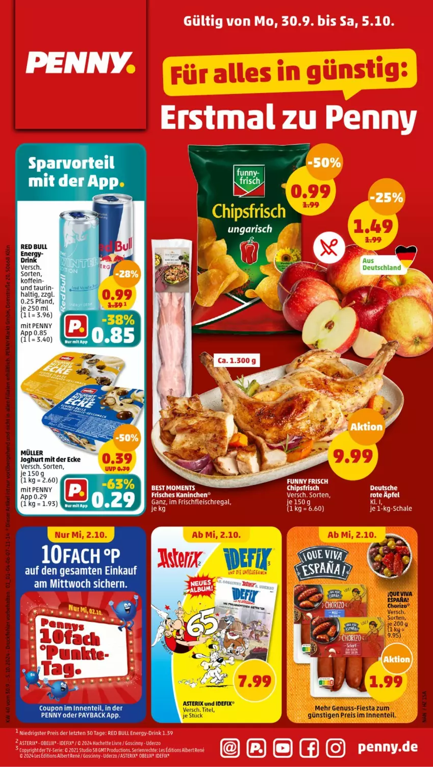 Aktueller Prospekt Penny - Prospekte - von 30.09 bis 05.10.2024 - strona 1 - produkty: chorizo, coupon, drink, eis, ente, joghur, joghurt, joghurt mit der ecke, Müller, nuss, red bull, reis, sim, Ti