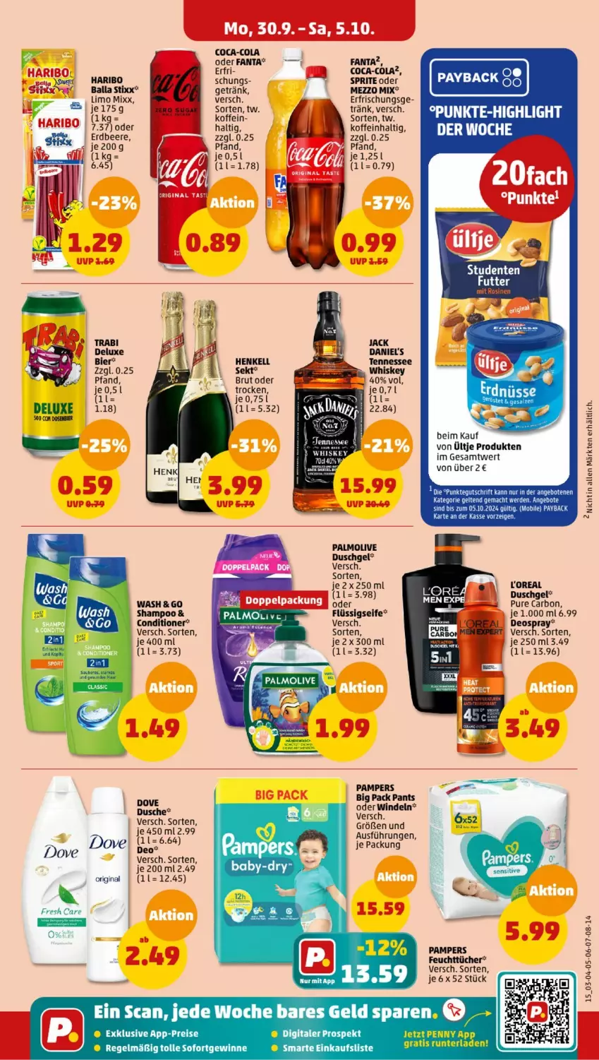 Aktueller Prospekt Penny - Prospekte - von 30.09 bis 05.10.2024 - strona 15 - produkty: angebot, angebote, ball, beere, bier, brut, coca-cola, cola, deo, deospray, dove, dusche, duschgel, eis, elle, ente, erdbeere, erde, fanta, feuchttücher, flüssigseife, getränk, gin, haribo, henkel, henkell, limo, loreal, mac, Mezzo Mix, olive, palmolive, pampers, Pants, payback, reis, Seife, sekt, shampoo, sprite, tee, Ti, tücher, ültje, whiskey, windeln