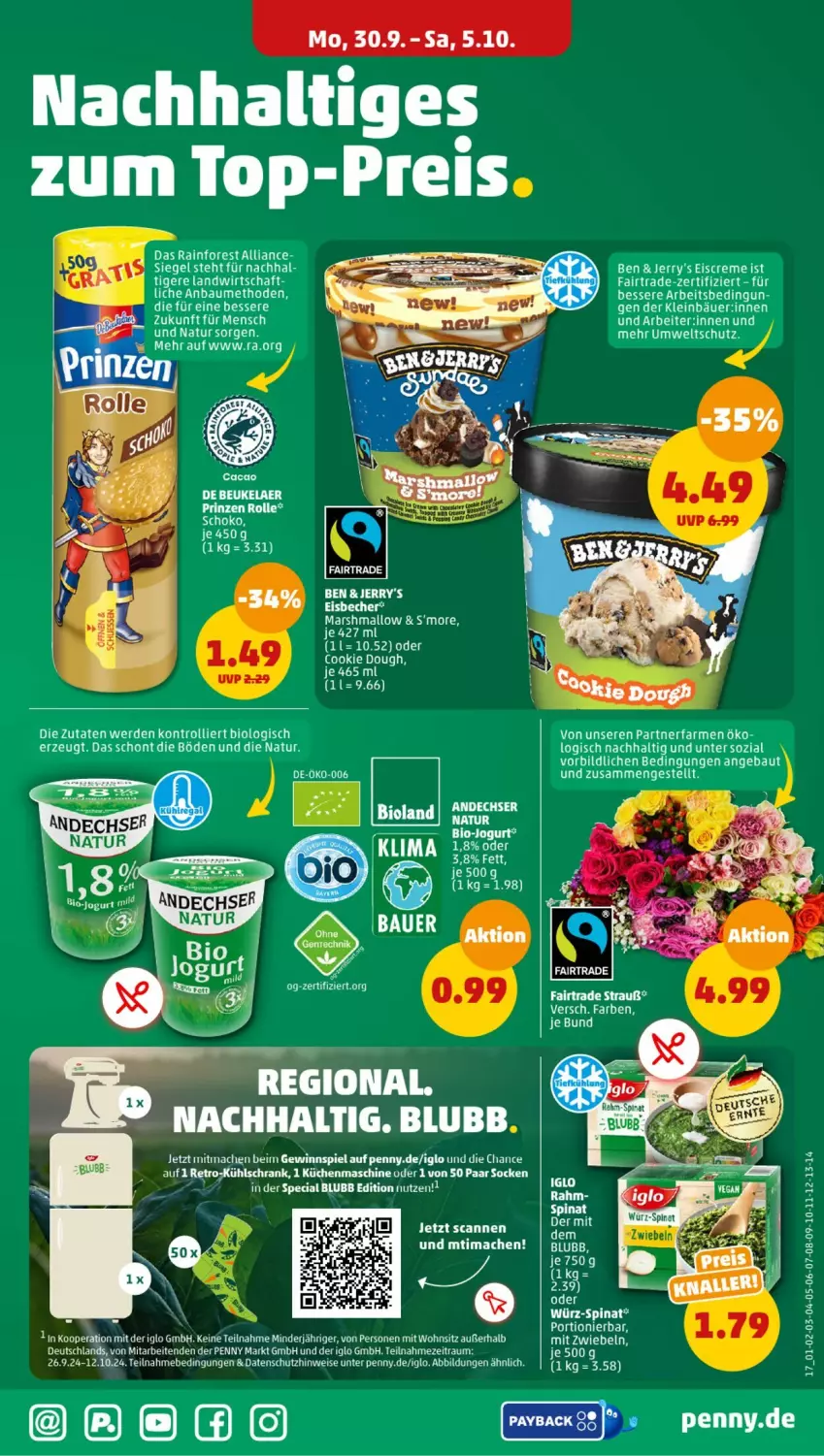 Aktueller Prospekt Penny - Prospekte - von 30.09 bis 05.10.2024 - strona 17 - produkty: Bau, Becher, bio, cookie, cookie dough, creme, de beukelaer, eis, eisbecher, eiscreme, elle, erde, gewinnspiel, iglo, küche, Küchen, küchenmaschine, kühlschrank, LG, mac, mars, mit zwiebeln, natur, nerf, rahm-spinat, reis, schoko, Schrank, socken, spinat, Ti, top-preis, trolli, zwiebel, zwiebeln