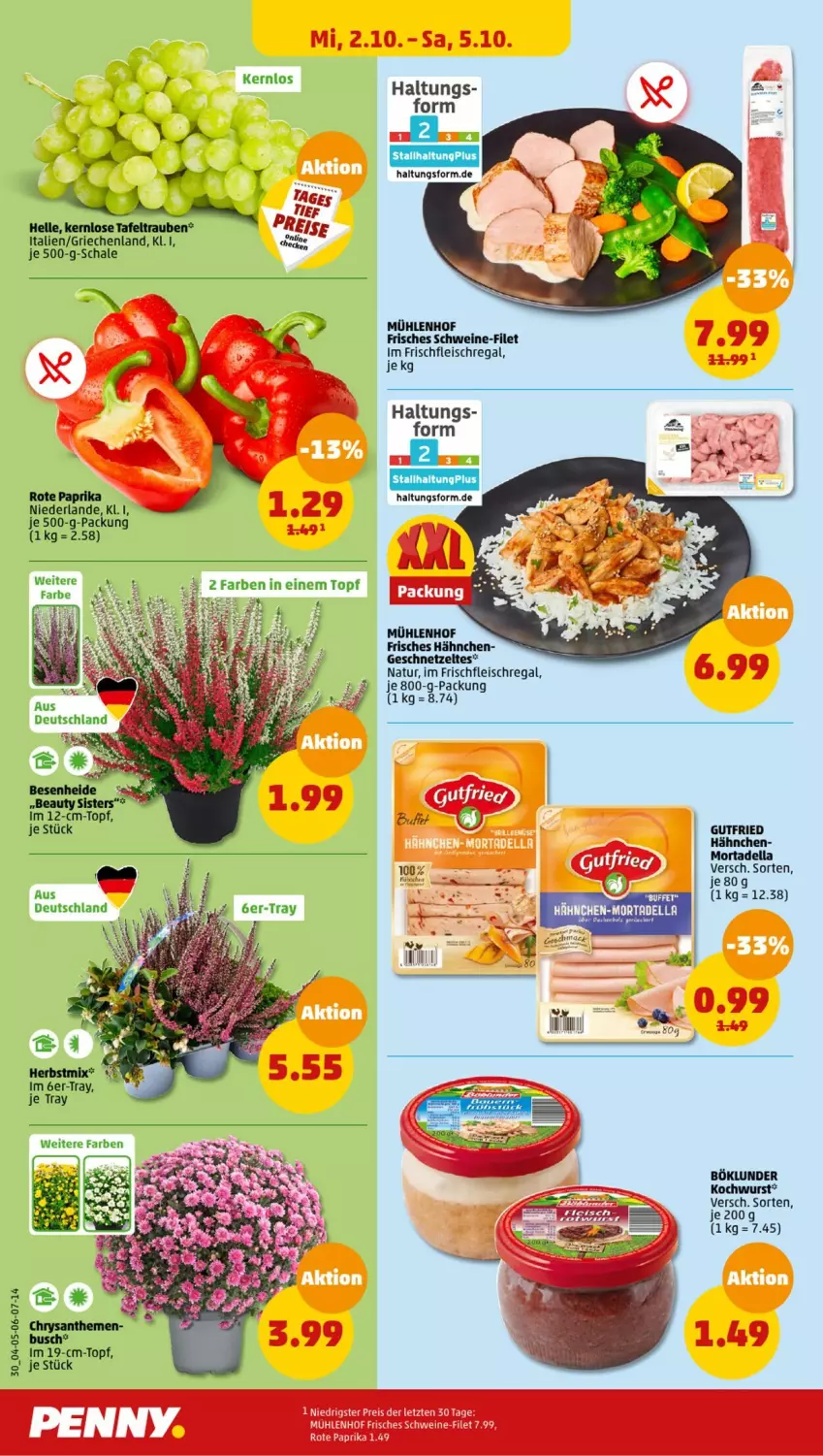 Aktueller Prospekt Penny - Prospekte - von 30.09 bis 05.10.2024 - strona 30 - produkty: böklunder, dell, eis, elle, filet, fleisch, geschnetzeltes, gutfried, mac, mortadella, natur, paprika, regal, Schal, Schale, schwein, schweine, schweine-filet, tafeltrauben, topf, trauben, wein, weine, wurst, Zelt