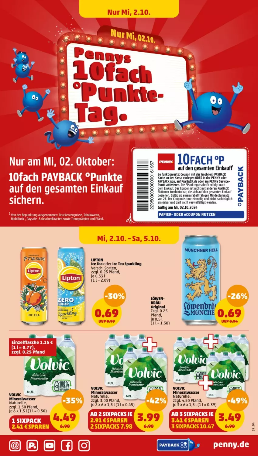 Aktueller Prospekt Penny - Prospekte - von 30.09 bis 05.10.2024 - strona 37 - produkty: Alwa, coupon, elle, erde, gin, ice tea, LG, lipton, lipton ice tea, mineralwasser, natur, papier, payback, rel, Ti, volvic, wasser, zitrone