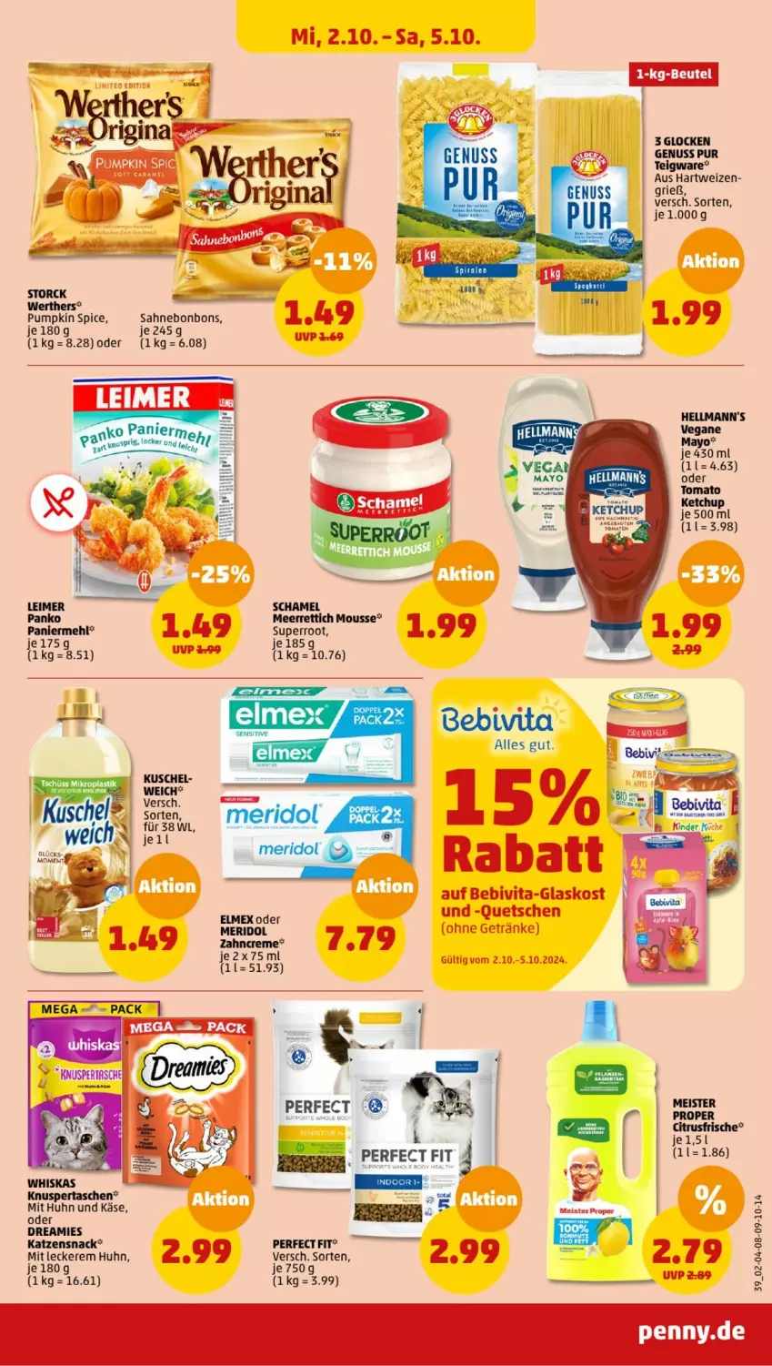 Aktueller Prospekt Penny - Prospekte - von 30.09 bis 05.10.2024 - strona 39 - produkty: bebivita, beutel, bonbons, citrus, dreamies, eis, hartweizen, Käse, katzensnack, ketchup, Kinder, küche, mehl, Meister, meridol, nuss, Perfect Fit, sahne, snack, storck, Tasche, taschen, tee, Ti, tomato ketchup, vita, Yo