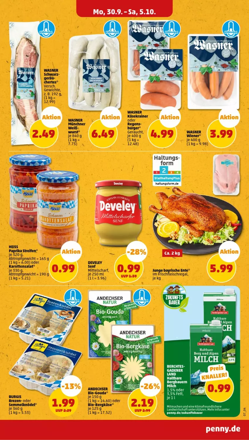 Aktueller Prospekt Penny - Prospekte - von 30.09 bis 05.10.2024 - strona 7 - produkty: andechser natur, auer, Bau, Bauer, Bergkäse, bio, burger, develey, eis, ente, erde, fleisch, gouda, karotten, Käse, Käsekrainer, Knödel, mac, natur, paprika, Rauch, regal, reifen, salat, Semmel, Semmelknödel, senf, Ti, wiener, wurst