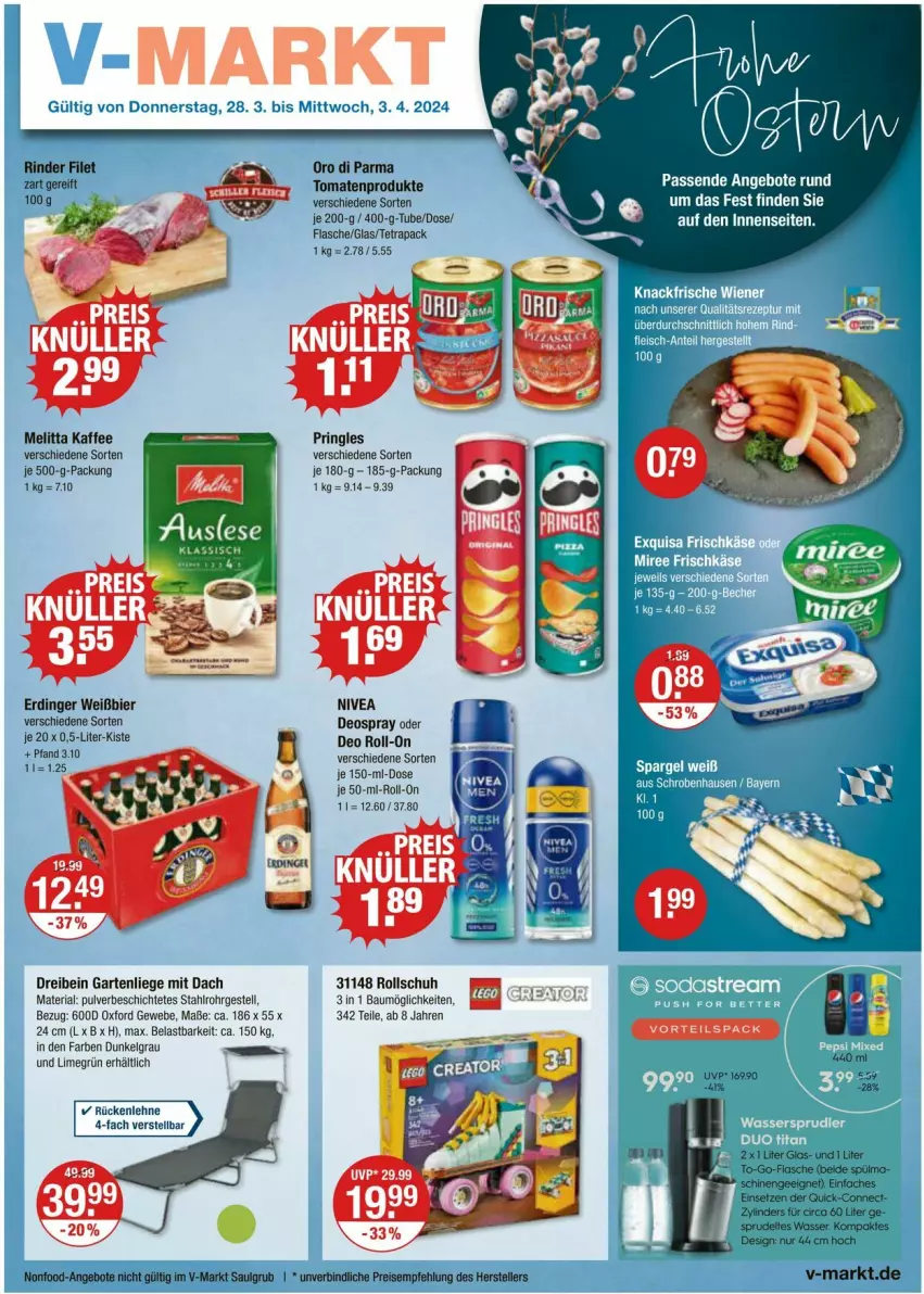 Aktueller Prospekt Vmarkt - Prospekte - von 28.03 bis 03.04.2024 - strona 1 - produkty: angebot, angebote, Bau, bier, deit, deo, deo roll-on, deospray, eis, elle, erdinger, filet, flasche, Garten, gartenliege, kaffee, LG, Liege, melitta, nivea, oro di parma, pringles, reis, Ria, rind, rinder, ring, roll-on, rückenlehne, teller, Ti, tomate, tomaten, wasser