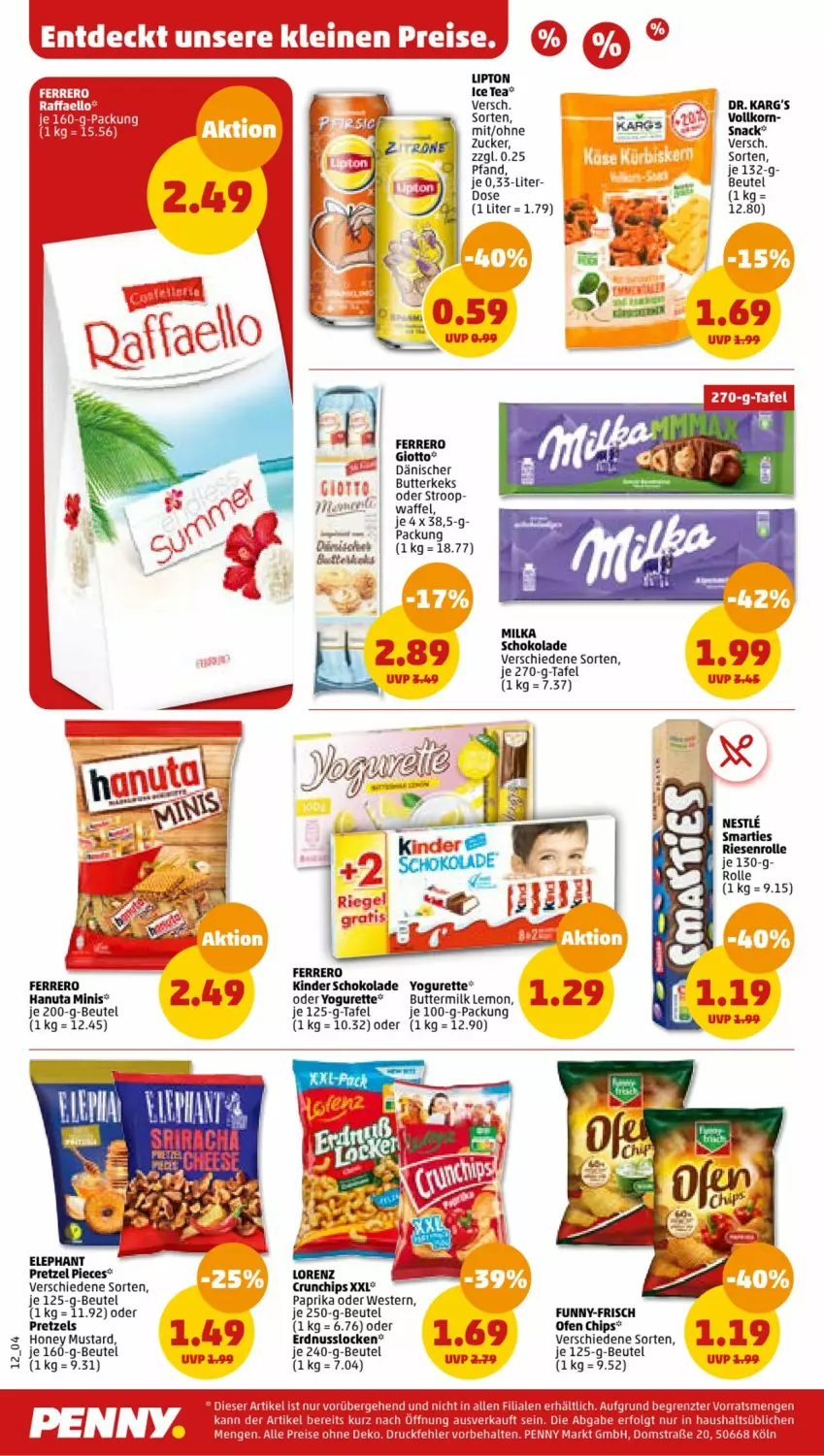 Aktueller Prospekt Penny - Prospekte - von 12.06 bis 17.06.2023 - strona 12 - produkty: beutel, butter, butterkeks, chips, crunchips, eis, erdnuss, ferrero, funny-frisch, giotto, hanuta, honey mustard, ice tea, keks, Kinder, kinder schokolade, lipton, milka, milka schokolade, nuss, oder yogurette, Ofen, paprika, Pretzel, Ria, schoko, schokolade, smarties, snack, Ti, Weste, Yo, yogurette, zucker