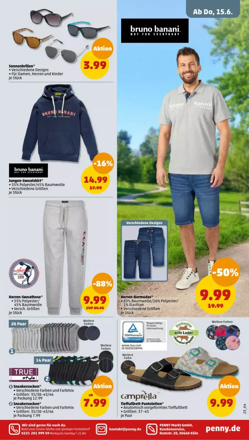 Aktueller Prospekt Penny - Prospekte - von 12.06 bis 17.06.2023 - strona 23 - produkty: Bau, baumwolle, bermuda, bermudas, bett, Brille, herren-bermuda, hose, Kinder, pantolette, pantoletten, rel, shirt, sneaker, sneakersocken, socken, sonnenbrille, Sweathose, Sweatshirt, Ti, wolle