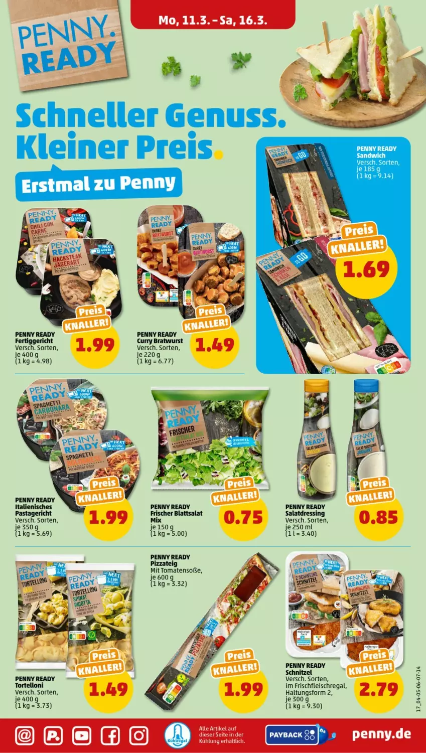 Aktueller Prospekt Penny - Prospekte - von 11.03 bis 16.03.2024 - strona 17 - produkty: bratwurst, curry, dressing, eis, fertiggericht, fleisch, leine, pasta, Pastagericht, pizza, Pizzateig, regal, reis, salat, salatdressing, sandwich, schnitzel, Soße, Ti, tomate, tomaten, torte, tortelloni, wurst