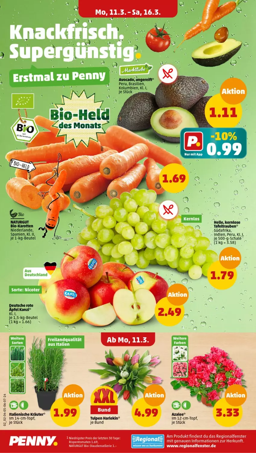 Aktueller Prospekt Penny - Prospekte - von 11.03 bis 16.03.2024 - strona 2 - produkty: avocado, beutel, bio, bio-karotten, eis, elle, fenster, karotten, kräuter, natur, reis, rispentomaten, Schal, Schale, stauden, tafeltrauben, Ti, tomate, tomaten, topf, trauben, ZTE