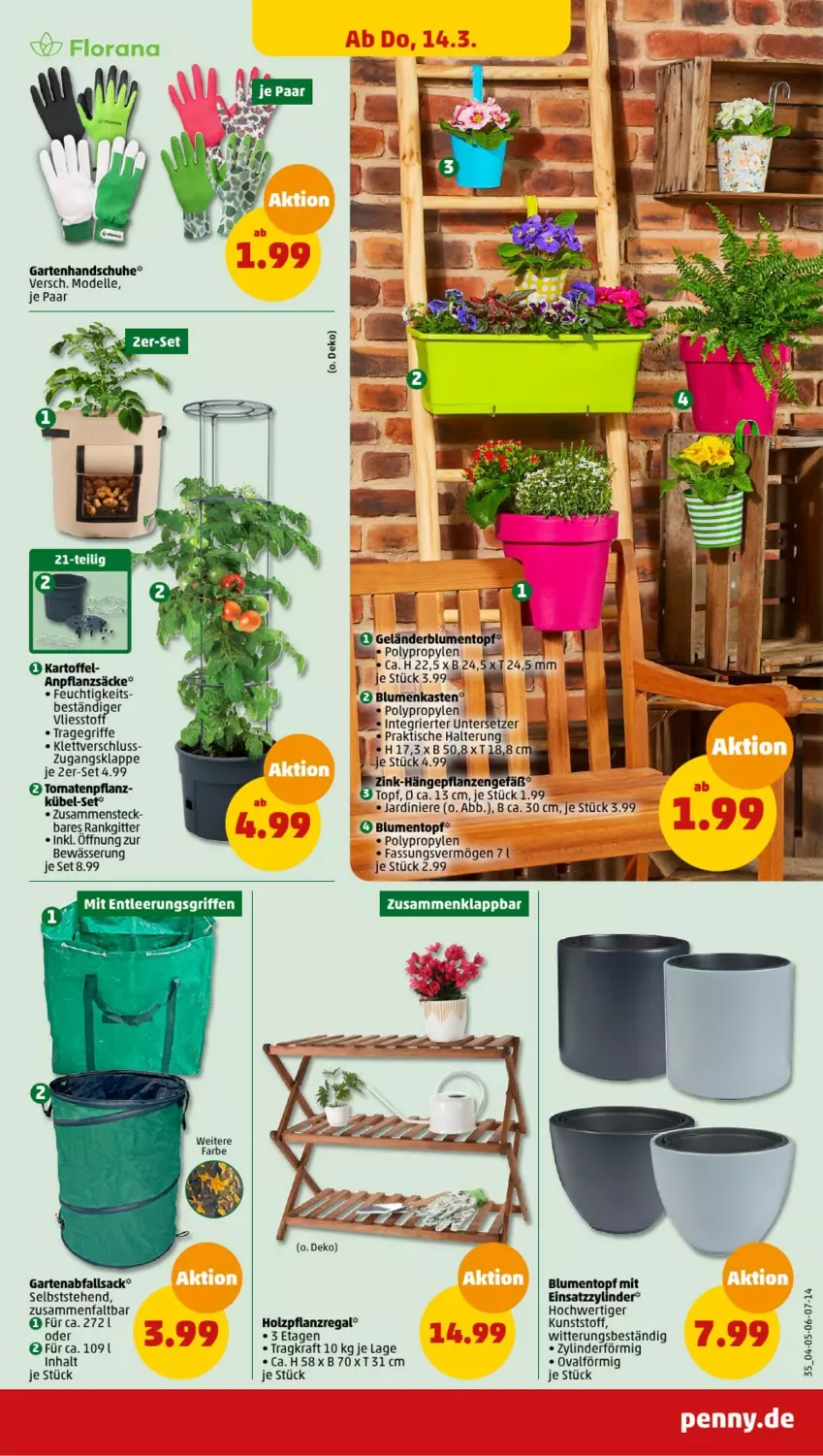 Aktueller Prospekt Penny - Prospekte - von 11.03 bis 16.03.2024 - strona 35 - produkty: blume, blumen, dell, elle, Garten, handschuhe, Holz, kartoffel, kraft, Mode, Rana, regal, sac, schuhe, Ti, tisch, tomate, tomaten, topf, tragegriff, Untersetzer