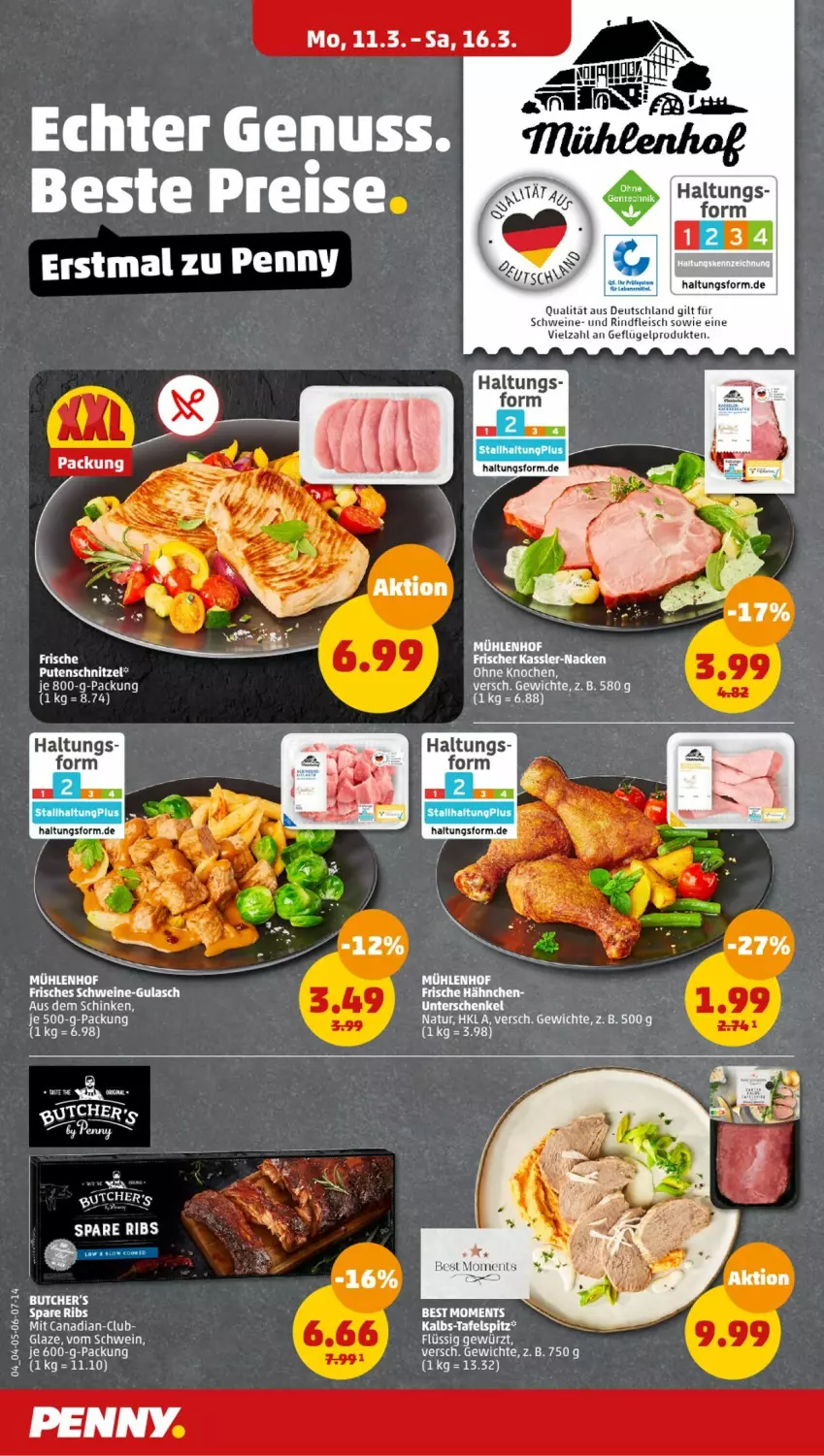 Aktueller Prospekt Penny - Prospekte - von 11.03 bis 16.03.2024 - strona 4 - produkty: butcher's, Frische Hähnchen, gewürz, gulasch, henkel, natur, nuss, pute, putenschnitzel, schenkel, schnitzel, schwein, schweine, spare ribs, tafelspitz, wein, weine