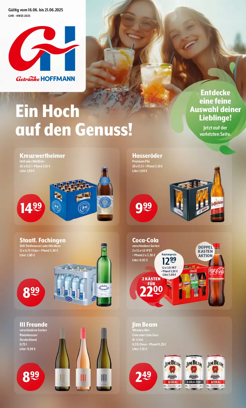Aktueller Prospekt Getraenke Hoffmann - Prospekte - von 16.06 bis 21.06.2025 - strona 1 - produkty: bier, coca-cola, cola, decke, eimer, eis, hasseröder, jim beam, nuss, pils, premium pils, reis, Staatl. Fachingen, Ti, wasser, whiskey, ZTE