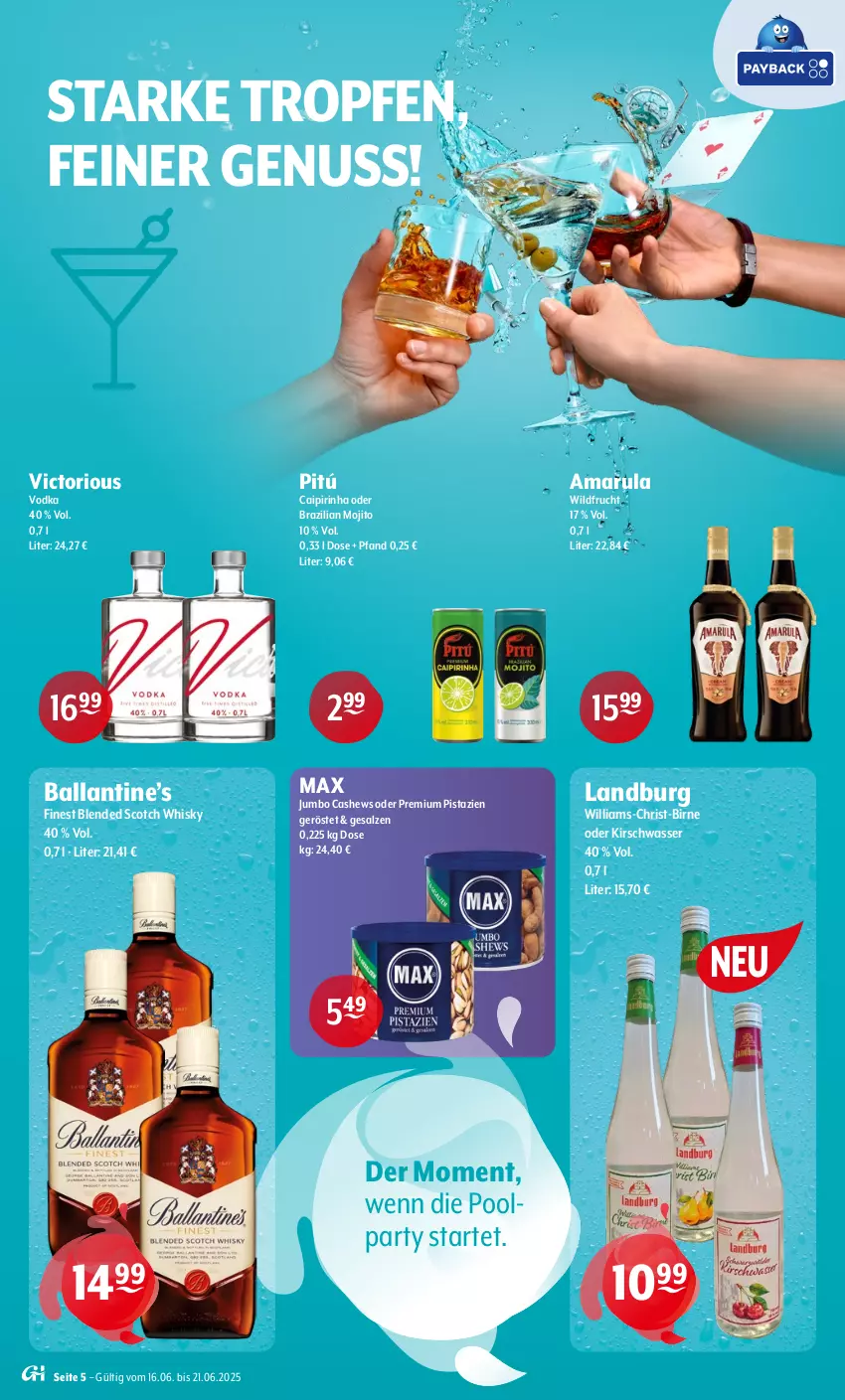 Aktueller Prospekt Getraenke Hoffmann - Prospekte - von 16.06 bis 21.06.2025 - strona 5 - produkty: amarula, ball, blended scotch, blended scotch whisky, Brazilian, caipirinha, Cashew, frucht, jumbo, kirsch, mojito, nuss, pistazien, pool, salz, scotch, scotch whisky, Ti, vodka, wasser, whisky, Wild