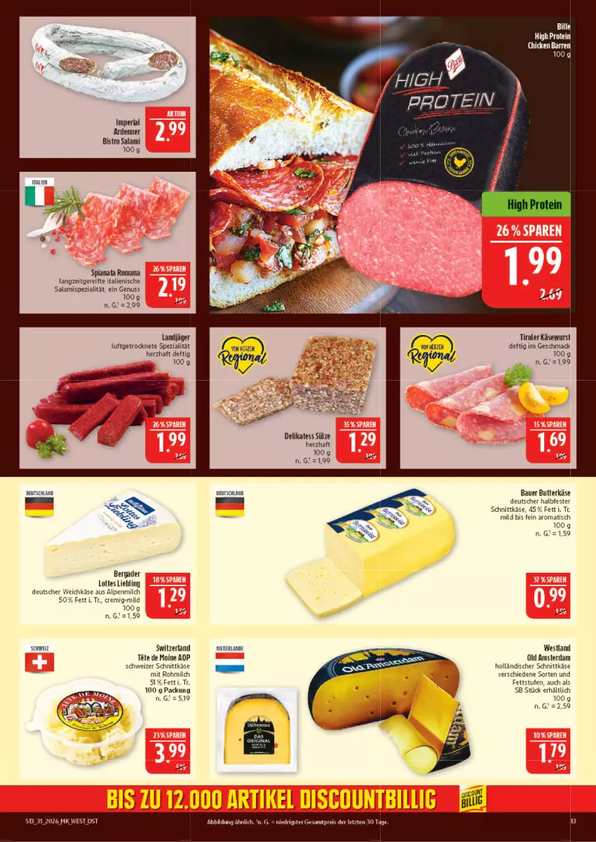 Aktueller Prospekt Marktkauf - Prospekt - von 26.07 bis 01.08.2026 - strona 13 - produkty: alpenmilch, auer, Bau, Bauer, bergader, butter, butterkäse, deutscher weichkäse, halbfester schnittkäse, holländischer schnittkäse, Käse, Käsewurst, landjäger, mac, milch, nuss, Old Amsterdam, Ria, salami, schnittkäse, schweizer schnittkäse, Spezi, Ti, tisch, weichkäse, wurst