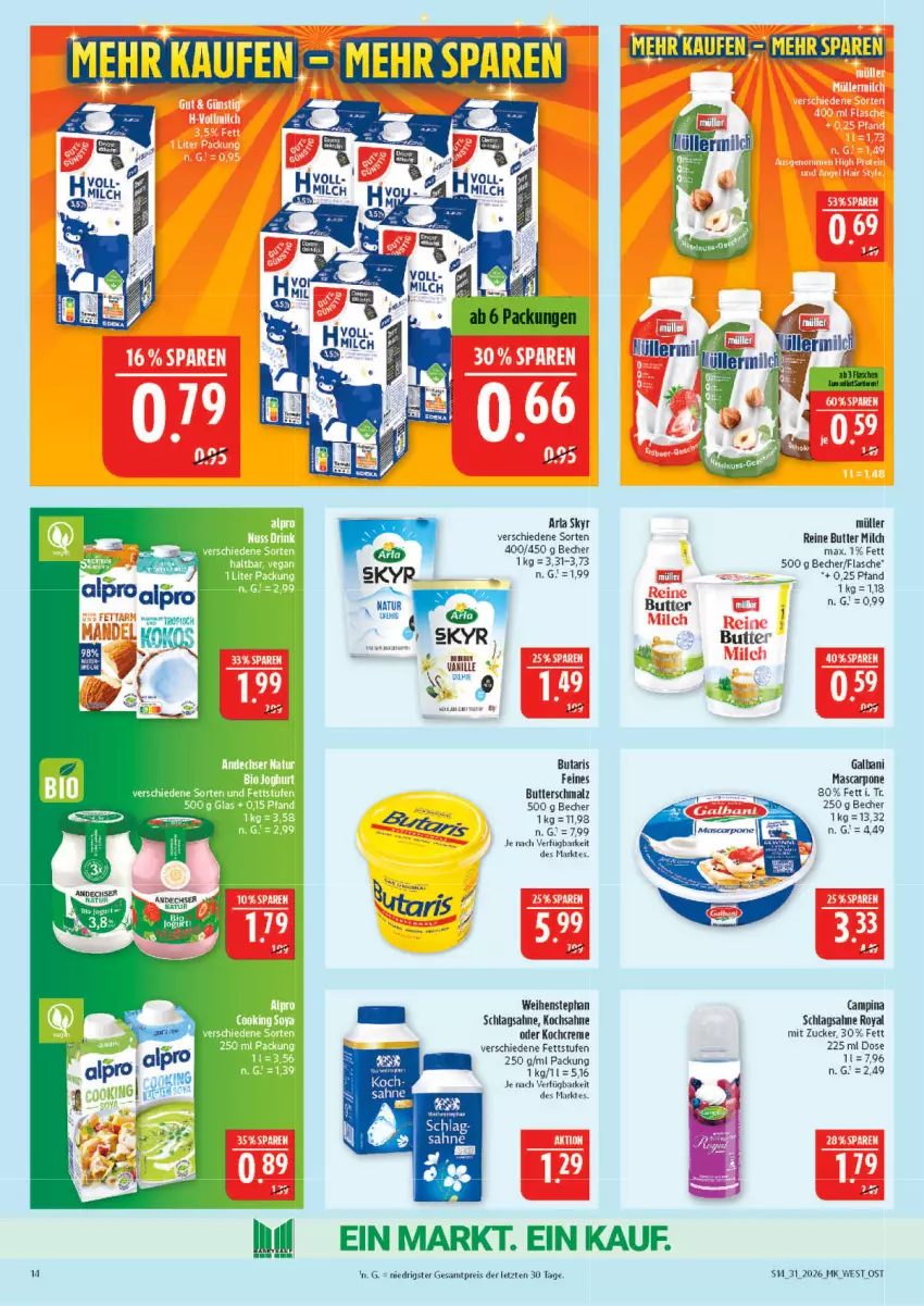 Aktueller Prospekt Marktkauf - Prospekt - von 26.07 bis 01.08.2026 - strona 14 - produkty: arla, arla skyr, Becher, butter, Butterschmalz, creme, eis, flasche, galbani, Kochcreme, malz, mascarpone, milch, Müller, natur, reis, sahne, schlagsahne, Schmalz, Skyr, vanille, weihenstephan, ZTE, zucker