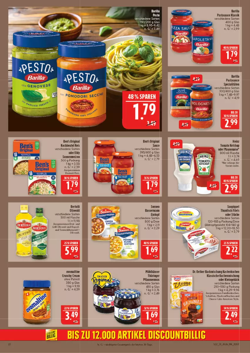 Aktueller Prospekt Marktkauf - Prospekt - von 26.07 bis 01.08.2026 - strona 22 - produkty: backmischung, barilla, basmati, Basmati Reis, Ben’s Original, bertolli, beutel, blume, blumen, blumenöl, Dr. Oetker, eintopf, eis, filet, filets, fisch, flasche, gin, grill, heinz, Kastenkuchen, ketchup, kochbeutel, kuchen, mayonnaise, ohne palmöl, olive, oliven, olivenöl, pasta, rapsöl, reis, ring, sauce, saupiquet, schnitten, sonnenblume, sonnenblumen, sonnenblumenöl, Spezi, thunfisch, thunfisch filets, Ti, tomato ketchup, topf, Yo