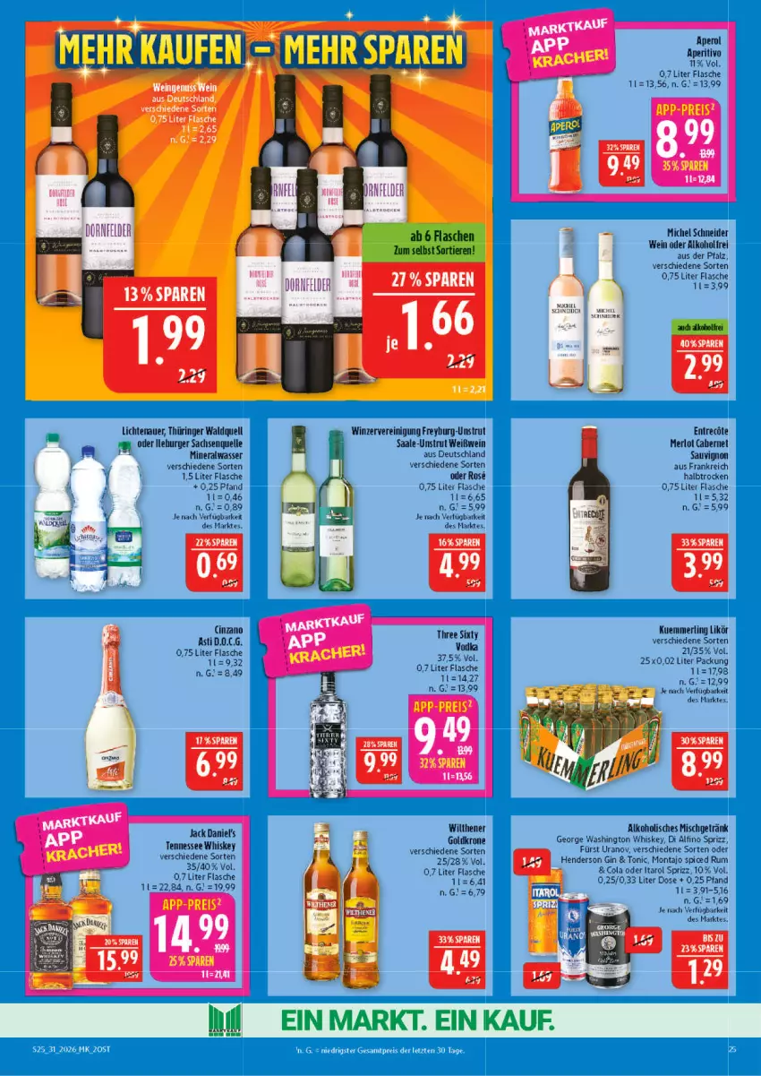 Aktueller Prospekt Marktkauf - Prospekt - von 26.07 bis 01.08.2026 - strona 25 - produkty: alkohol, Alwa, aperol, auer, cabernet, cin, cinzano, cola, eis, elle, enders, flasche, getränk, gin, jack daniel, jack daniel's, kuemmerling, lichtenauer, likör, merl, merlot, Michel Schneider, mineralwasser, Reinigung, reis, ring, rum, sac, sauvignon, Sprizz, tennessee whiskey, Three Sixty, Ti, Tiere, tonic, wasser, wein, Weißwein, whiskey, wilthener