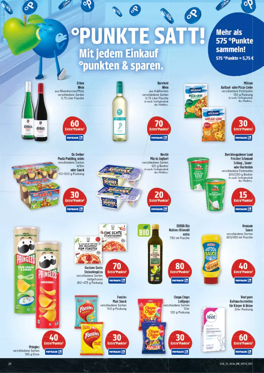 Aktueller Prospekt Marktkauf - Prospekt - von 26.07 bis 01.08.2026 - strona 28 - produkty: auer, Becher, bio, chupa, chupa chups, deka, Dr. Oetker, edeka bio, flasche, homann, joghur, joghurt, kaltwachsstreifen, mac, mais, milram, natives olivenöl, Ofen, olive, oliven, olivenöl, Paula, paula pudding, pizza, pringles, pudding, reifen, ring, salami, sauce, schmand, snack, steinofen, Ti, veet, wein