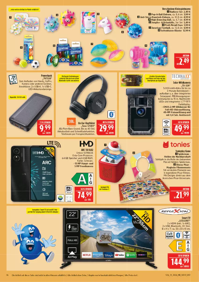 Aktueller Prospekt Marktkauf - Prospekt - von 26.07 bis 01.08.2026 - strona 36 - produkty: adapter, akku, ball, cin, deo, disney, eis, ente, frontkamera, GoPro, Handy, HDMI, jbl, kamera, kopfhörer, leds, reis, rel, schnellladefunktion, Seife, smartphone, spielwaren, telefon, Ti, usb, Yo