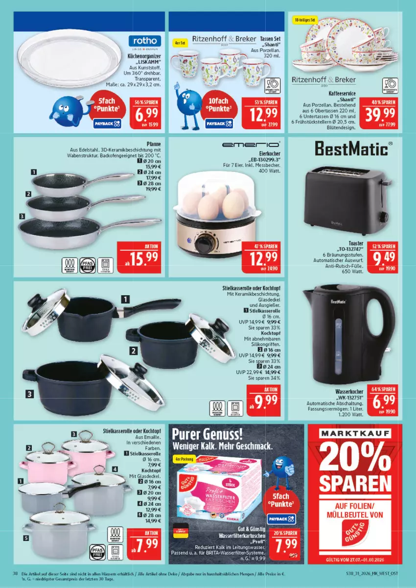 Aktueller Prospekt Marktkauf - Prospekt - von 26.07 bis 01.08.2026 - strona 38 - produkty: auto, backofen, Becher, beutel, Blüte, decke, Deckel, edelstahl, eier, Eierkocher, eis, elle, Frühstücksteller, Glasdeckel, gsw, kaffee, Kocher, Kochtopf, küche, Küchen, mac, maille, Messbecher, müllbeutel, nuss, Ofen, pfanne, reis, Schal, stielkasserolle, tasse, tee, teller, Ti, tisch, toast, toaster, topf, wasser, wasserkocher, ZTE